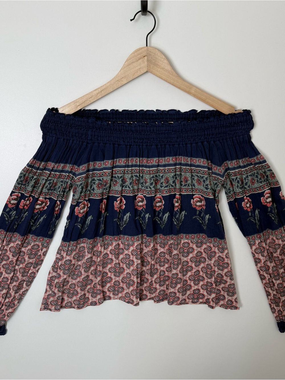 Hollister Navy Off-Shoulder Bohemian Top with Rose Accent